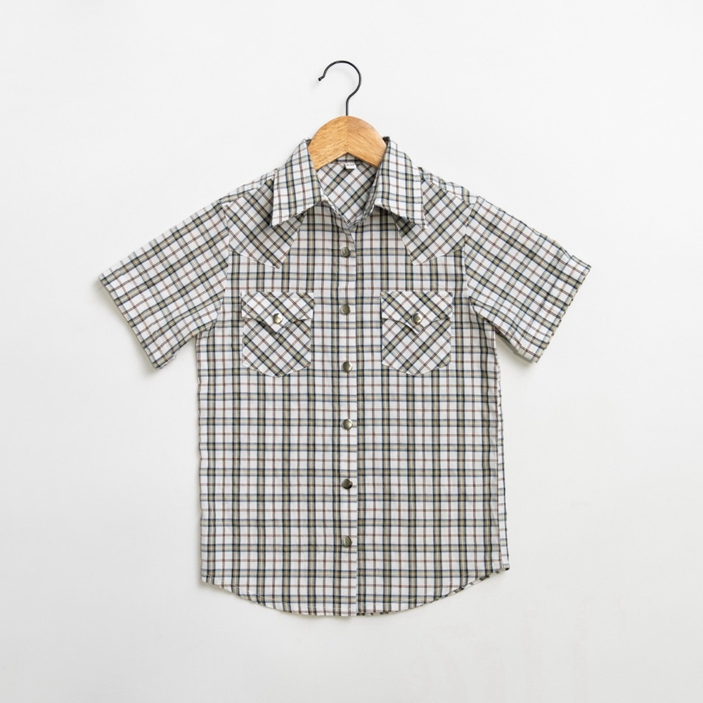 Youth Plaid Pattern Metal Snap Shirt- Tan